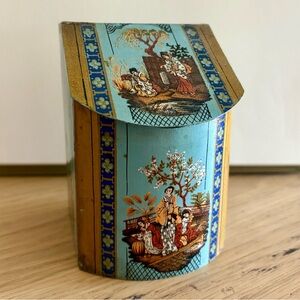 Unusual Blue and Gold Decorative Japanese Tea Tin with Flip Top Slanted Lid